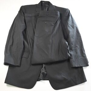 Vtg Y2K Boxy 2000s 46L‎ 36x34 Black 100% Wool Athletic Mens Jacket Pants Suit
